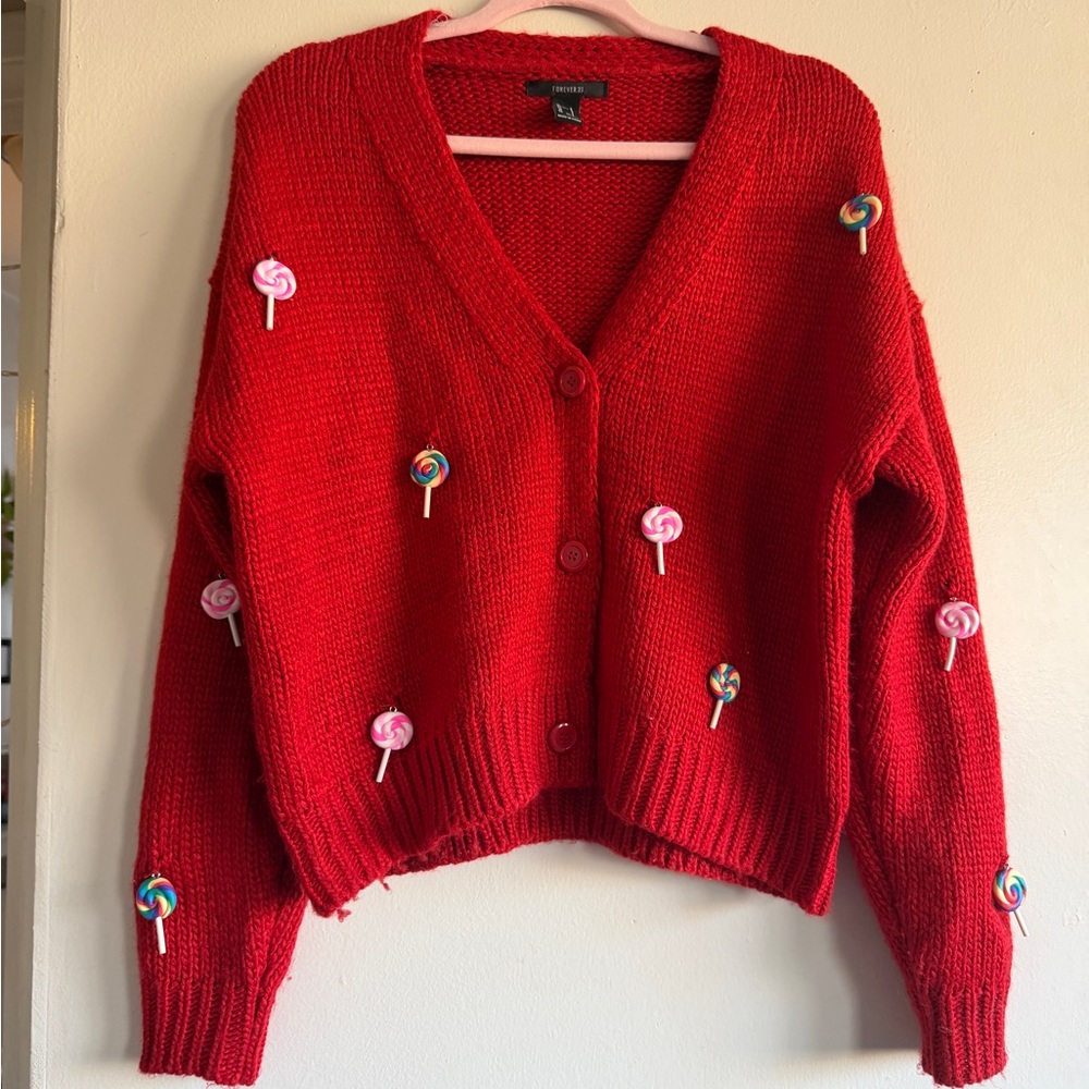 Forever 21 Red V-Neck Cardigan with Playful Lollipop accents